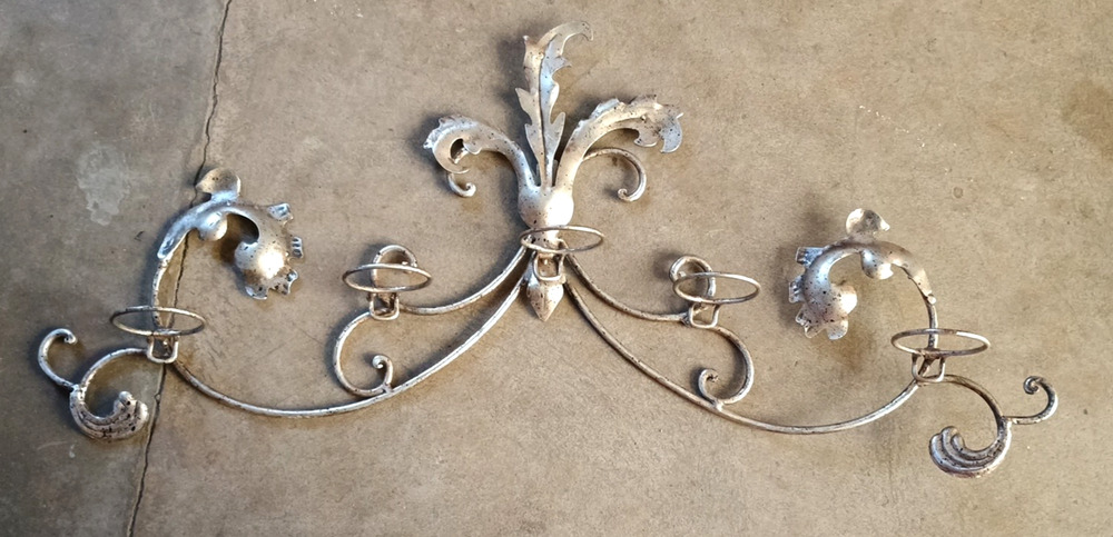 Metal Fleur de Lis 5 Candle Holders Wall Plaque Tuscan Old World French 28"x12"